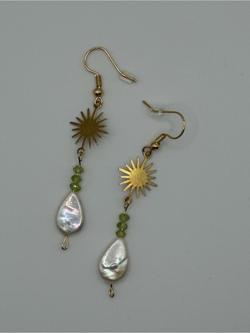Gold Sunburst Pearl Drop Earrings with Peridot